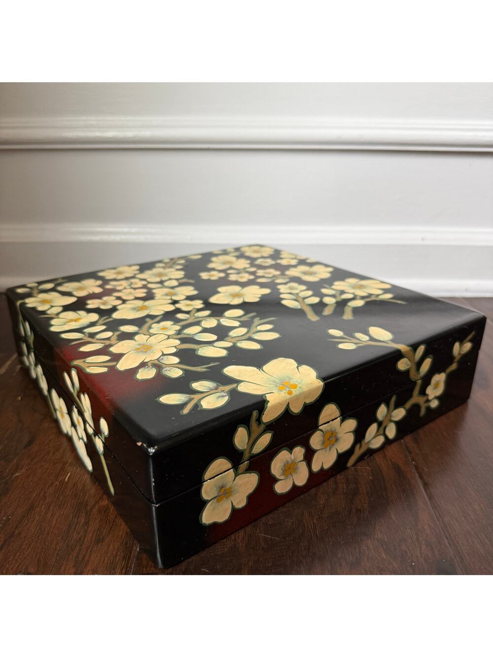 Vintage Black Lacquer Jewelry Box Hand Painted Floral Asian Decor Keepsake Box